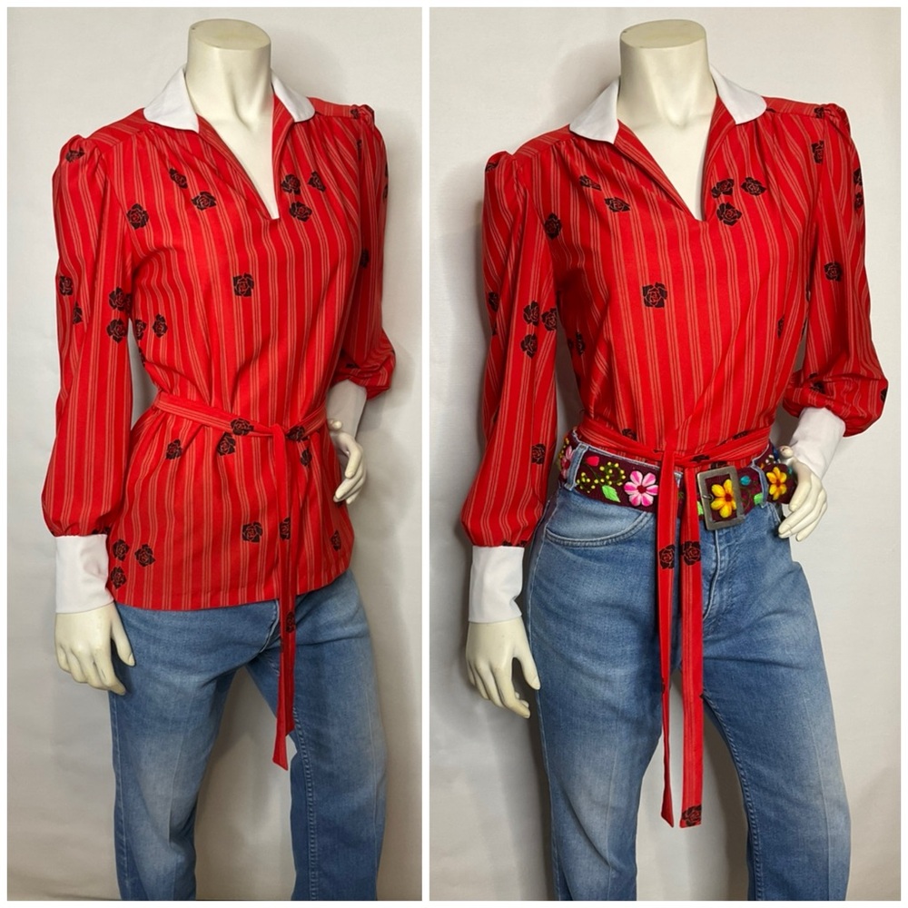 Vintage 80’s Red Floral Puff Sleeve Belted Blouse Size Medium